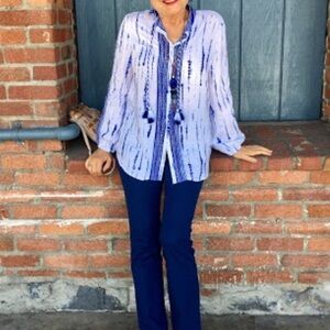 Split neck blouse with tassel ties